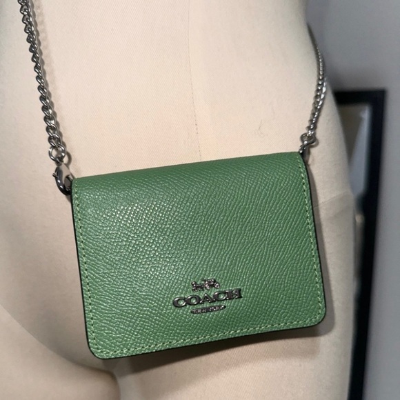 Coach Handbags - NWOT Coach Mini Wallet On a Chain Soft Green Metallic Crossgrain Leather [sold]